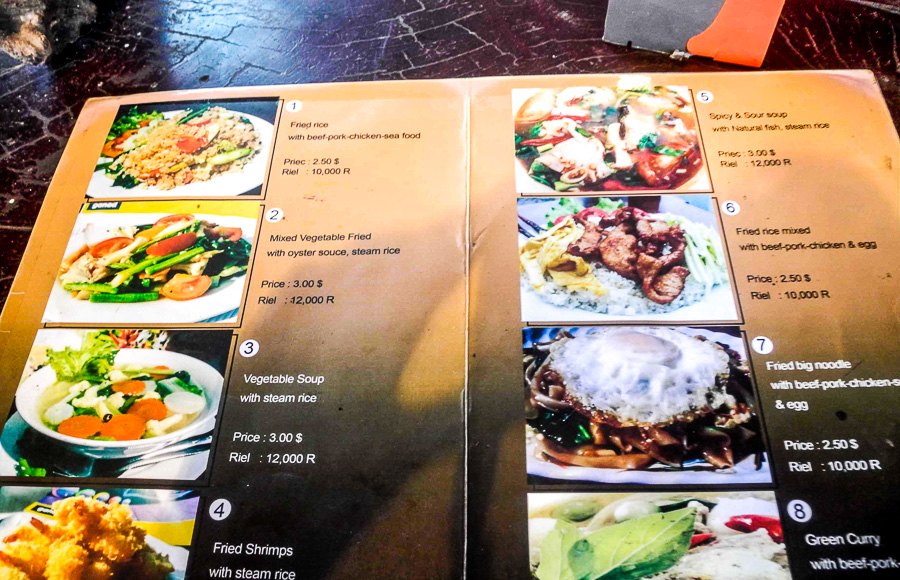 The menu at the restaurant on the way to Siem Reap
