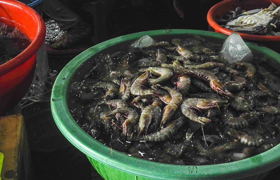 Prawns at Phsar Leu market in Sihanoukville Prawns at Phsar Leu market in Sihanoukville