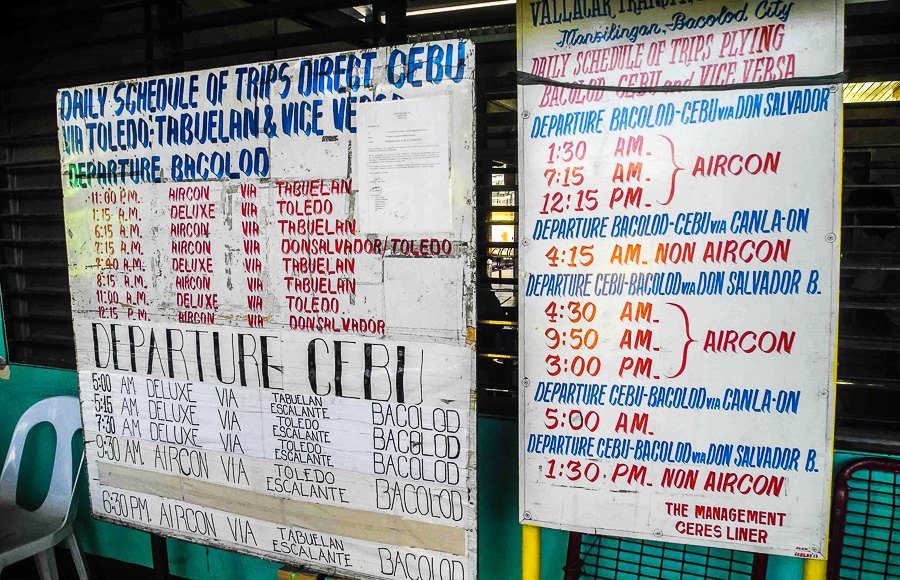 Bus timetable at Cebu North Bus Terminal