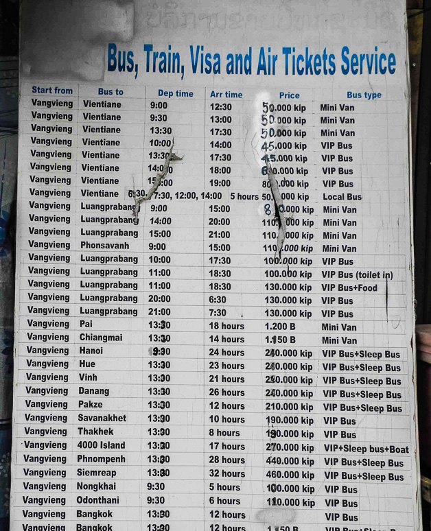 Bus timetable from Vang Vieng