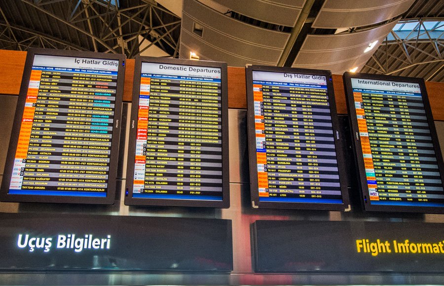 Flight information board at Sabiha Gökçen Airport