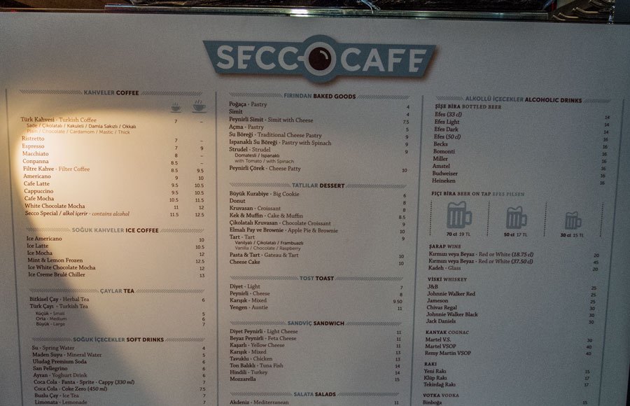 Menu of a coffee shop at Sabiha Gökçen Airport