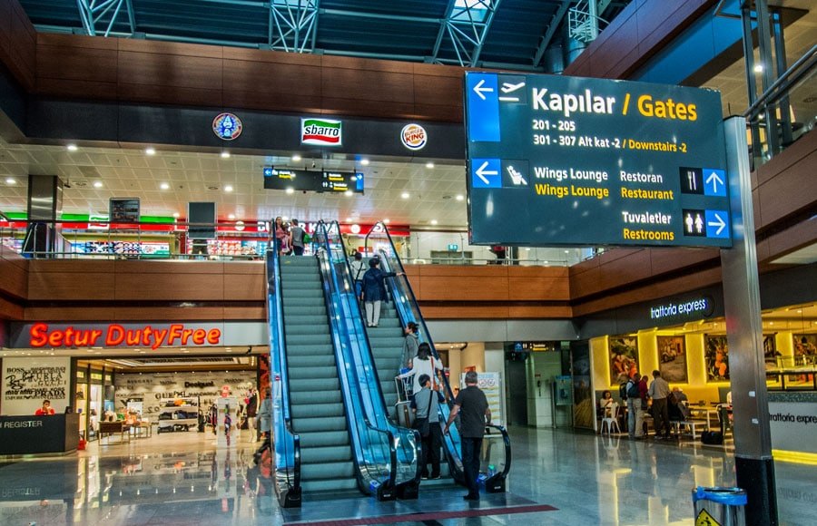 Departures area: gates and duty free below, cafés above