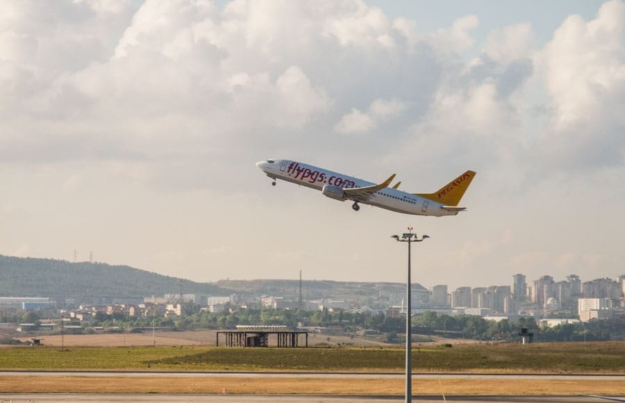 An aircraft taking off at Sabiha Gökçen Airport